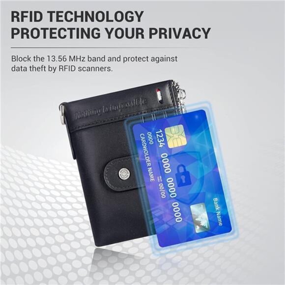Chain Wallets RFID Wallets for Men Genuine Leather Wallet Zipper Bifold - Picture 3 of 7